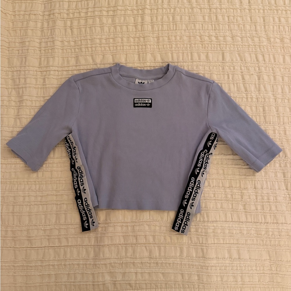 adidas Lavender/Blue Ribbed Short Sleeve Crop Top with Logo Tape